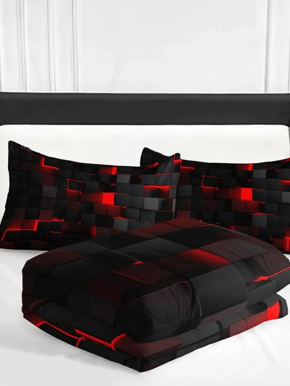 Neon Red Black Comforter Set King Geometric Kids Bedding Set,3 PCS Geometry Hone
